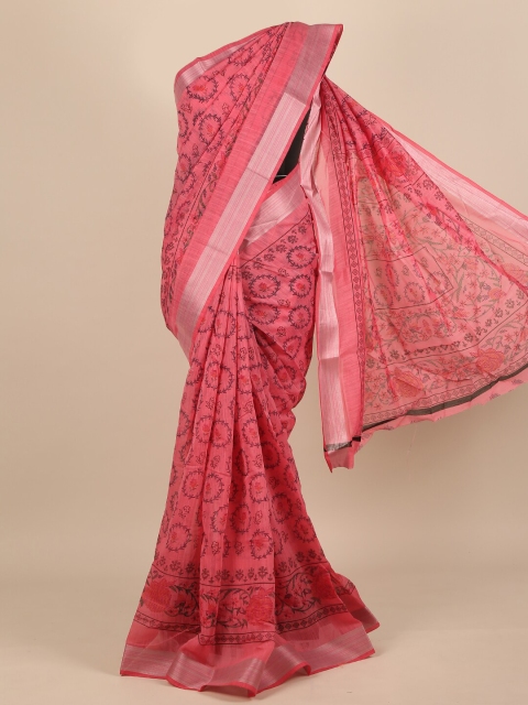 

Pothys Pink & Silver-Toned Geometric Printed Saree