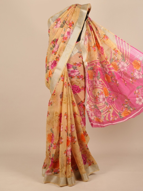 

Pothys Women Peach-Coloured & Pink Cotton Blend Floral Printed Saree