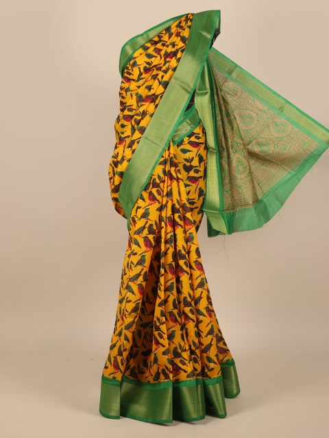 

Pothys Women Yellow & Green Cotton Blend Birds Printed Saree