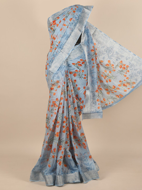 

Pothys Blue & Orange Cotton Blend Floral Printed Saree
