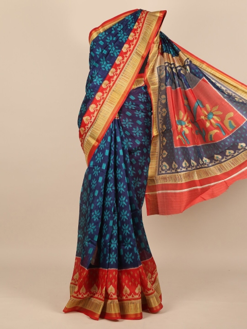 

Pothys Blue & Orange Cotton Blend Geometric Printed Saree