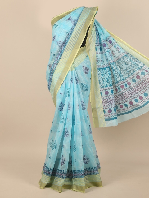 

Pothys Women Blue & Gold-Toned Cotton Blend Floral Printed Saree