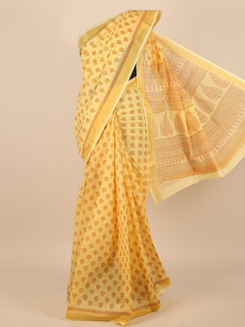 

Pothys Women Yellow Cotton Blend Floral Printed Saree