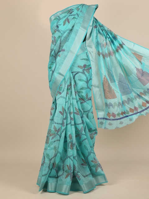 

Pothys Blue & Silver-Toned Cotton Blend Ethnic Motif Printed Saree, Green
