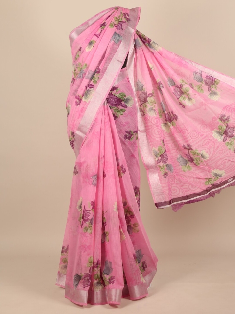 

Pothys Women Pink & Silver-Toned Cotton Blend Floral Printed Saree