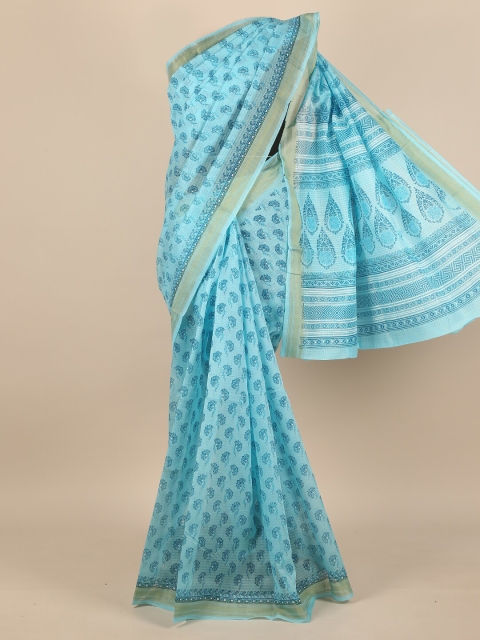 

Pothys Women Blue & Gold-Toned Cotton Blend Floral Printed Saree