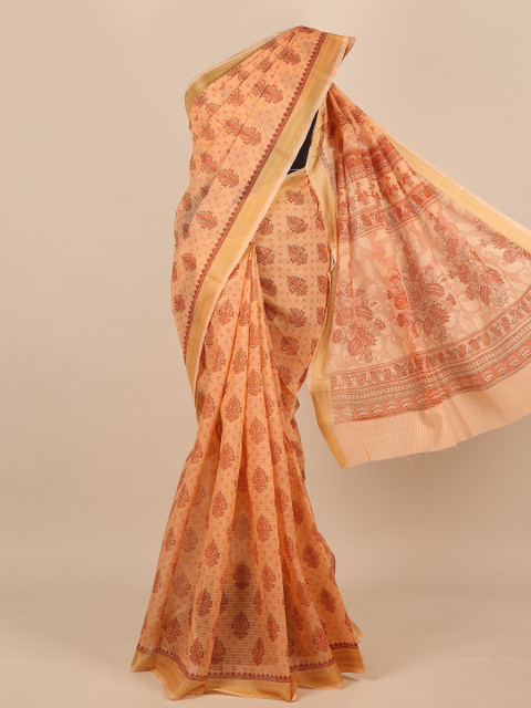 

Pothys Women Peach-Coloured & Gold-Toned Cotton Blend Ethnic-Motifs Printed Saree