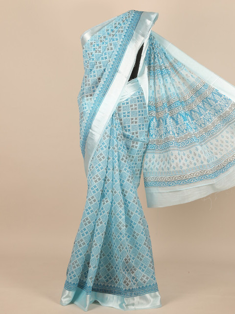 

Pothys Women Blue & Silver-Toned Cotton Blend Ethnic-Motifs Printed Saree