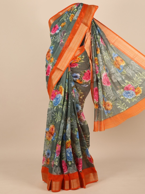 

Pothys Women Green & Orange Cotton Blend Floral Printed Saree