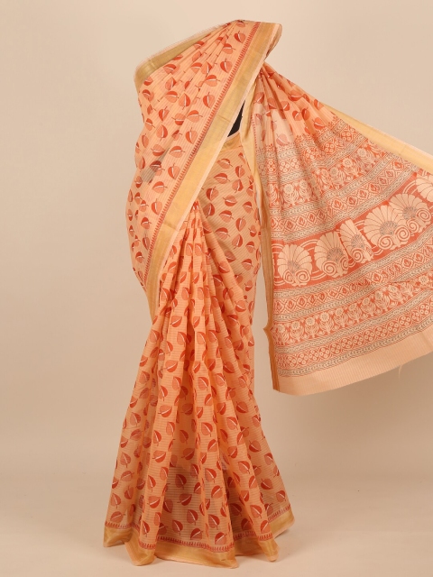 

Pothys Women Peach-Coloured & Gold-Toned Cotton Blend Floral Printed Saree