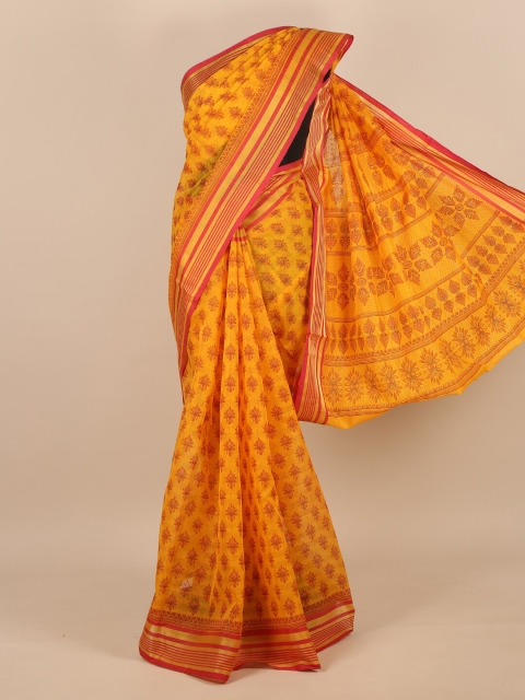 

Pothys Women Mustard & Red Cotton Blend Ethnic Motifs Printed Saree