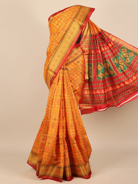 

Pothys Women Orange & Red Cotton Blend Geometric Printed Saree