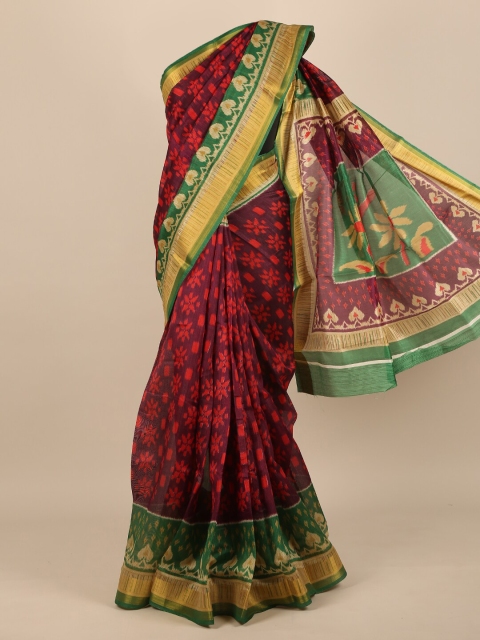 

Pothys Women Magenta & Green Cotton Blend Ethnic Motifs Printed Saree
