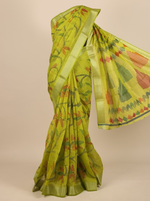 

Pothys Women Green & Silver-Toned Cotton Blend Floral Printed Saree