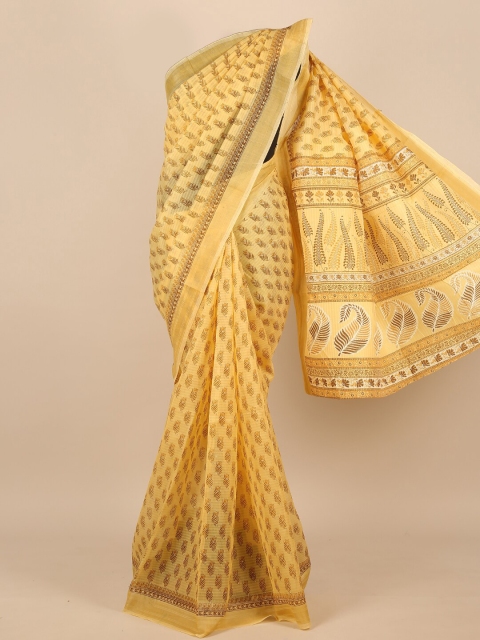 

Pothys Women Yellow & Gold-Toned Cotton Blend Floral Printed Saree