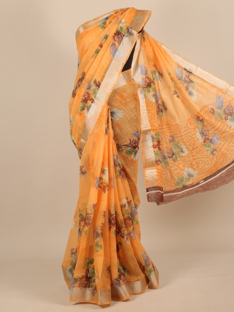 

Pothys Women Orange & Silver-Toned Cotton Blend Floral Printed Saree