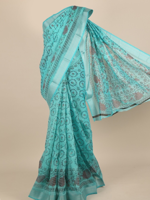 

Pothys Women Blue & Silver-Toned Cotton Blend Floral Printed Saree