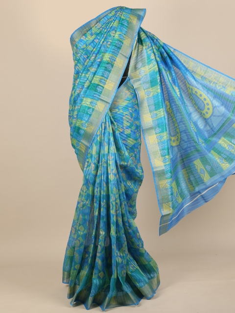 

Pothys Women Blue & Gold-Toned Cotton Blend Geometric Printed Saree