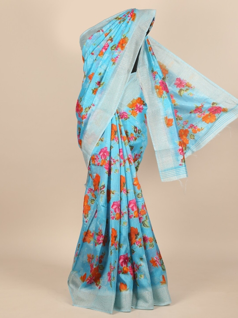 

Pothys Women Blue & Silver-Toned Cotton Blend Floral Printed Saree