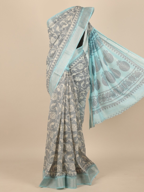 

Pothys Women Blue & Grey Cotton Blend Floral Printed Saree