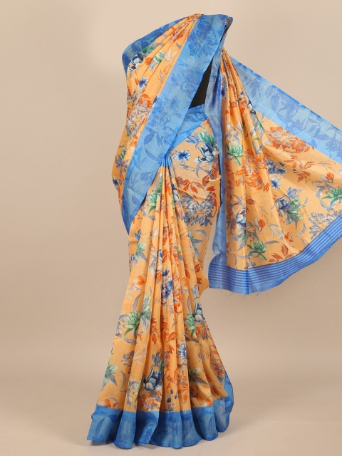 

Pothys Women Beige & Blue Cotton Blend Floral Printed Saree