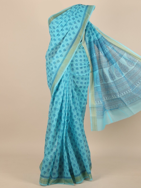 

Pothys Women Blue & Gold-Toned Cotton Blend Floral Printed Saree