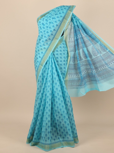 

Pothys Women Blue & Gold-Toned Cotton Blend Floral Printed Saree