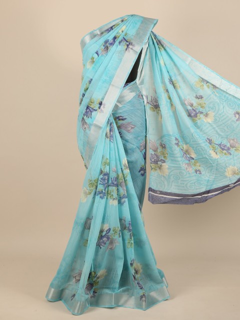 

Pothys Women Blue & Silver-Toned Cotton Blend Floral Printed Saree