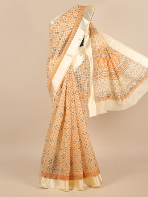 

Pothys Peach-Coloured Cotton Blend Ethnic Motifs Printed Saree