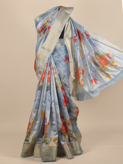 

Pothys Women Blue & Gold-Toned Cotton Blend Floral Printed Saree