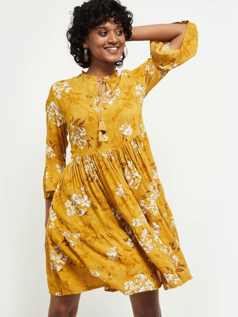 

max Mustard Yellow Floral Fit and Flare Dress