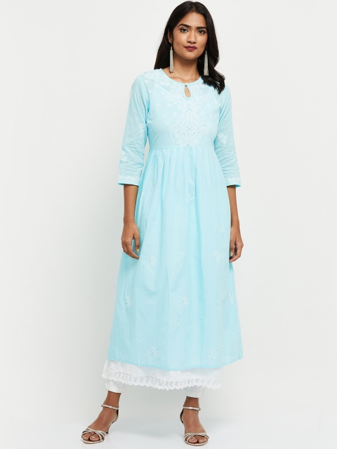 

max Blue & White Ethnic Motifs Embroidered Keyhole Neck Maxi Dress