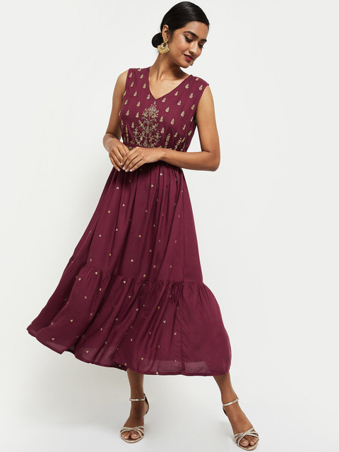 

max Purple & Gold-Toned Ethnic Motifs A-Line Midi Dress