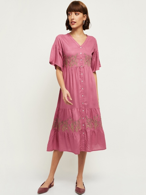 

max Pink & Gold-Toned Ethnic Motifs Embroidered Midi Dress