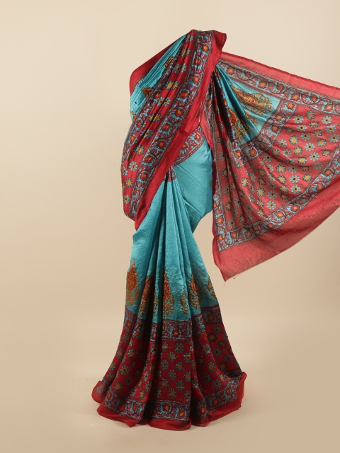 

Pothys Blue & Red Floral Printed Beads & Stones Pure Dupion Silk Saree