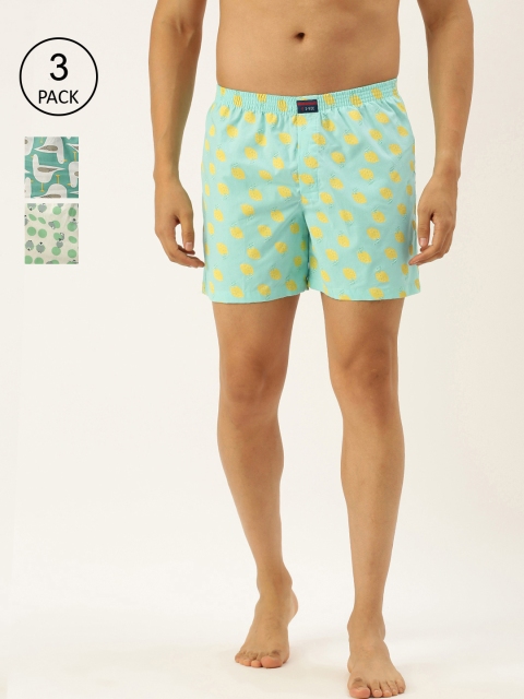 

IVOC Men Pack of 3 Printed Pure Cotton Boxers, Sea green