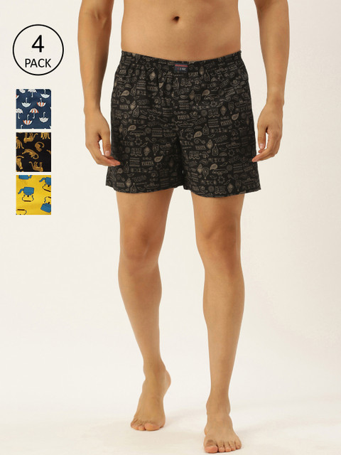 

IVOC Men Pack Of 4 Yellow & Blue Printed Pure Cotton Boxers