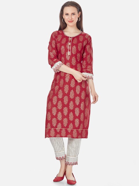

Kiana Women Maroon & Off-White Ethnic Motifs Printed Regular Kurta With Trousers