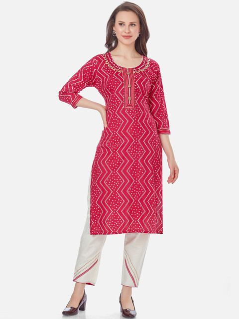 

Kiana Women Pink & White Printed Regular Kurta With Trousers