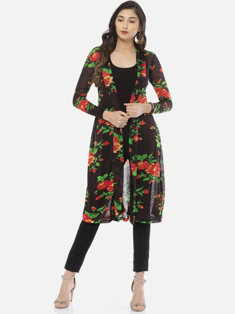 

Ira Soleil Women Black Red Floral Longline Open Front Jacket with Embroidered