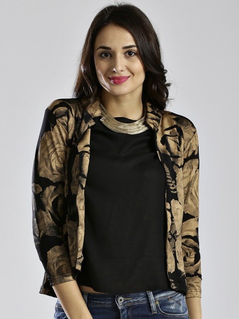

Ira Soleil Women Black & Cream-Coloured Floral Crop Open Front Jacket
