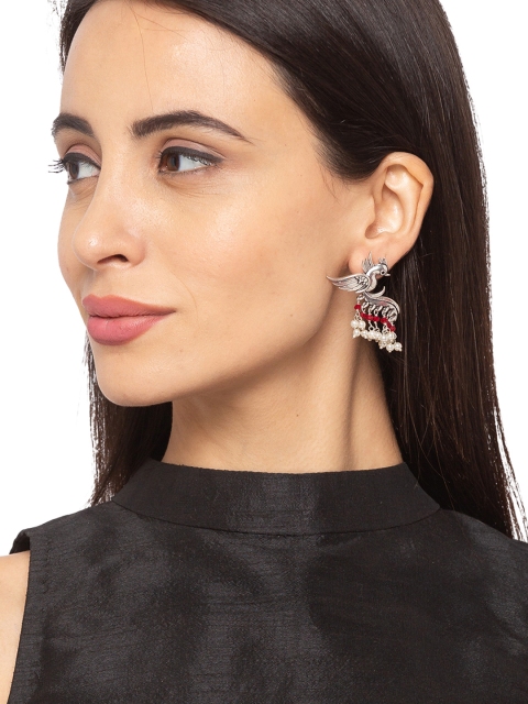 

Digital Dress Room Red & Silver-Toned Peacock Shaped Drop Earrings