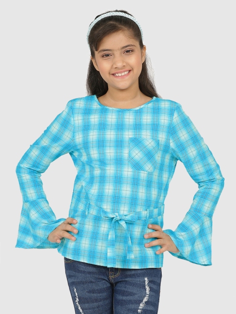 

CACA CINA Turquoise Blue Checked Cinched Waist Top