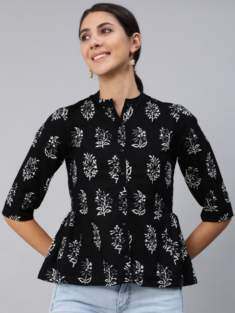 

Nayo Black & White Floral Printed Peplum Top