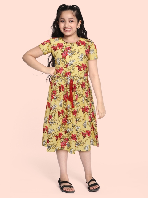 

YK Girls Yellow & Red Cotton Floral Print Fit & Flare Dress