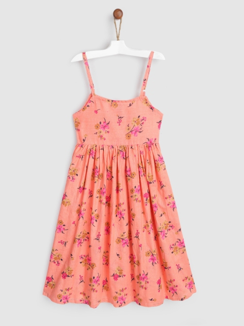 

YK Girls Peach-Coloured & Pink Cotton Floral Print shoulder Straps Empire Dress