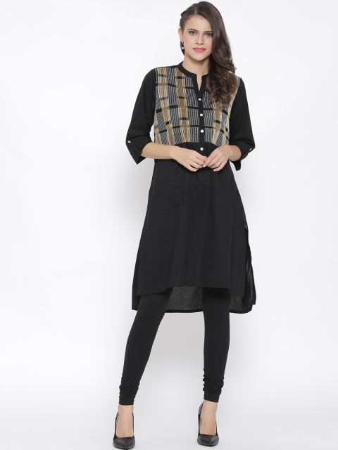 

RANGMANCH BY PANTALOONS Women Black Embroidered Straight Kurta