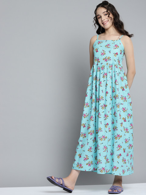 

YK Girls Blue & Pink Cotton Floral Print A-Line Dress