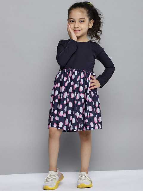 

YK Girls Navy Blue & Pink Geometric Print Cotton Fit & Flare Dress