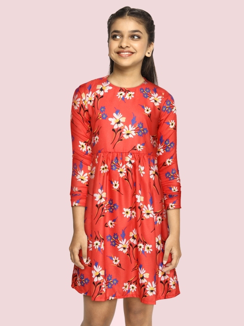 

YK Girls Coral Red & White Floral A-Line Dress